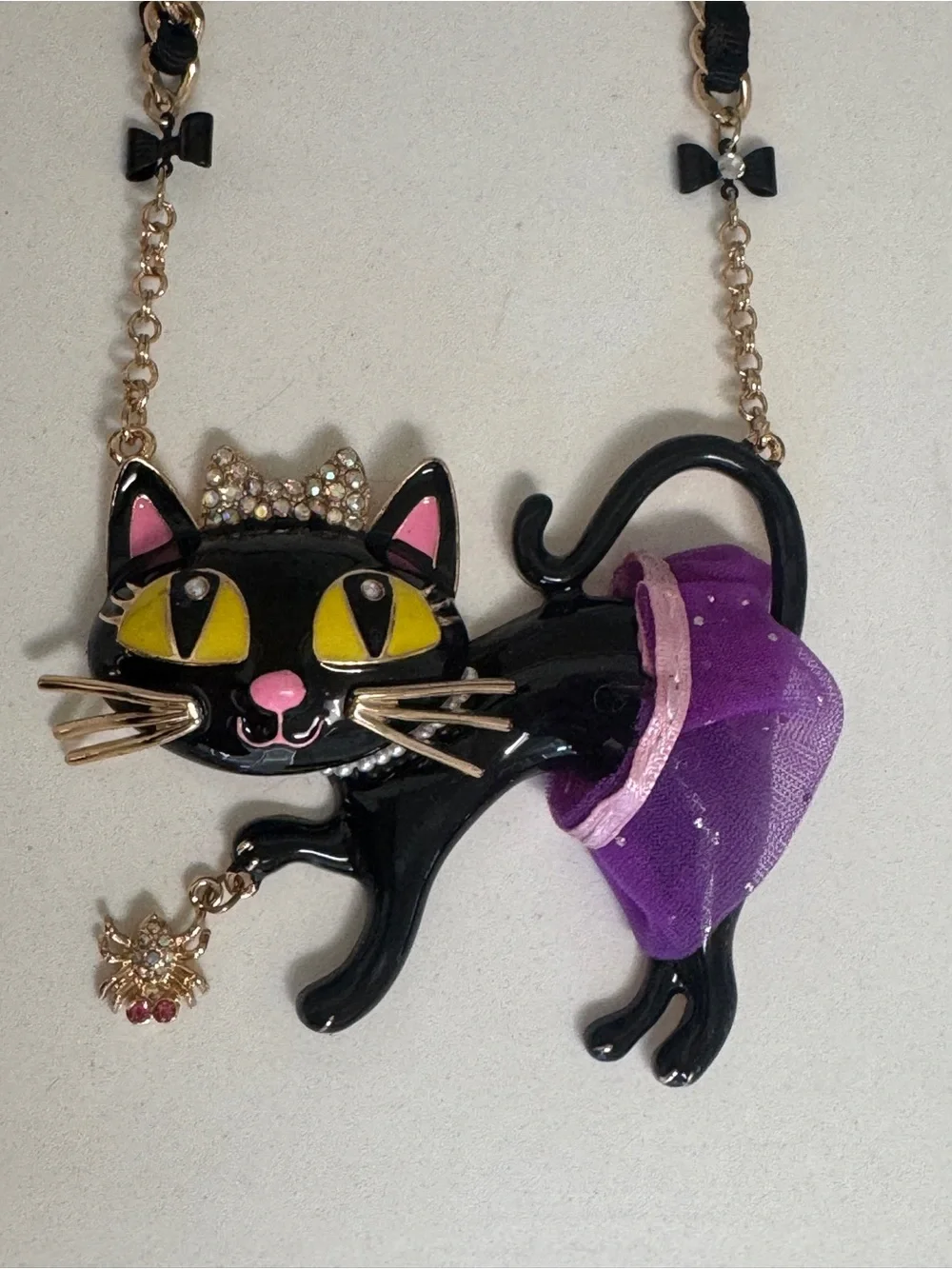 Betsey Johnson Black Cat Pendant Necklace with Purple Skirt